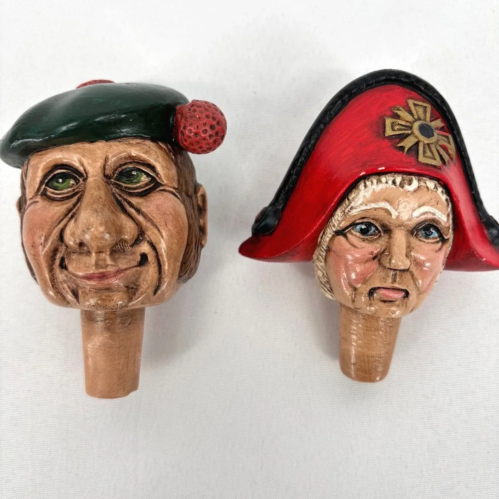 Vintage Ceramic Hand Painted Bottle Stopper Set of 2 Golfer Ship Captain 3.5 in
